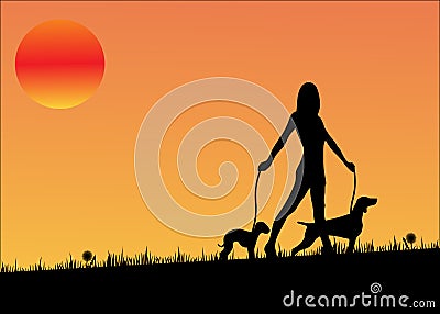 Sunset dog walking woman