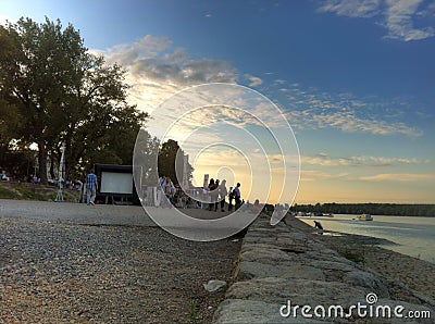 Sunset evening in Zemun on river Danube with open movie theatre