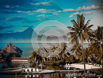 A sunset over ocean and mountain. Polynesia. Tahiti, with a retro effect