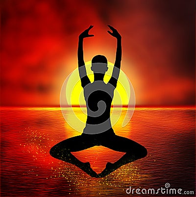 Sunset yoga woman levitating over the ocean