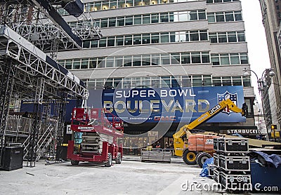 Super Bowl Boulevard construction underway on Broadway during Super Bowl XLVIII week in Manhattan