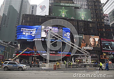 Super Bowl Boulevard construction underway on Times Square during Super Bowl XLVIII week in Manhattan