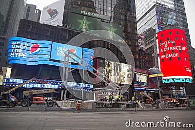 Super Bowl Boulevard construction underway on Times Square during Super Bowl XLVIII week in Manhattan