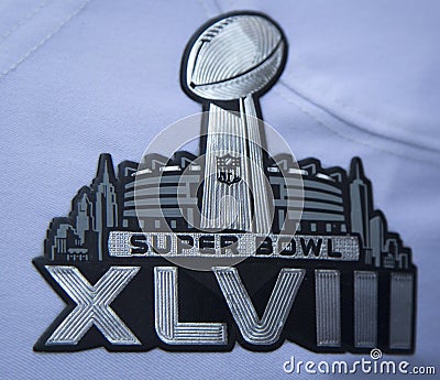 Super Bowl XLVIII logo on Seattle Seahawks team uniform presented during Super Bowl XLVIII week in Manhattan