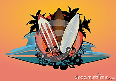 Surf logo with palms and hibiscus flowers