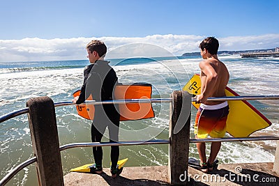 Surfing Bodyboarders Waves Pier Jump