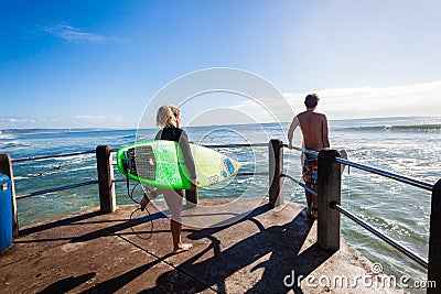 Surfing Girl Boy Waves Pier Jump