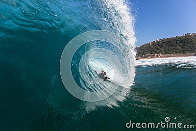 Surfing Rider Hollow Crashing Tube Blue Ocean Wave