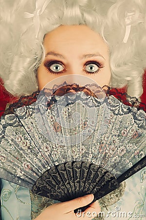 Surprised Baroque Woman Portrait with Wig and Fan
