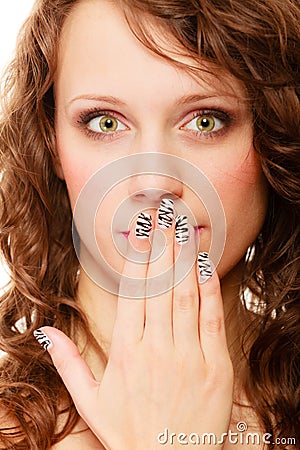 Surprised woman face, girl covering her mouth over white
