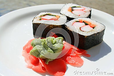 Sushi next to Wasabi and Sushi Ginger