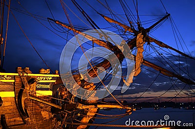 Swedish sailing ship “Götheborg” in port at night.