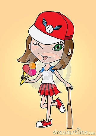 Sweet girl athlete baseball bat with ice cream