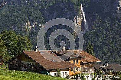 Swiss Alps mountain landscape with waterfall