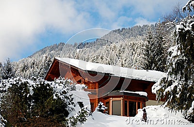 Swiss chalet in winter