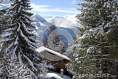 Swiss chalet in winter