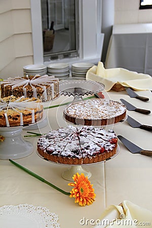 Table of delicious pies and cakes at party