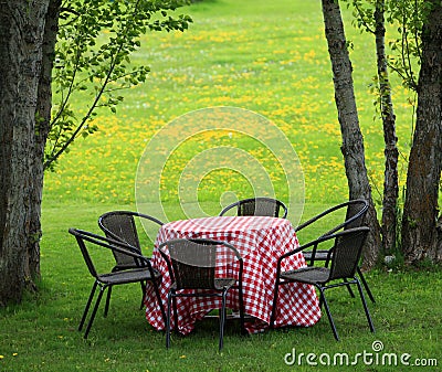 Table in meadow by trees ready for a picnic