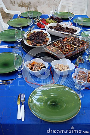 Table set with food and plates