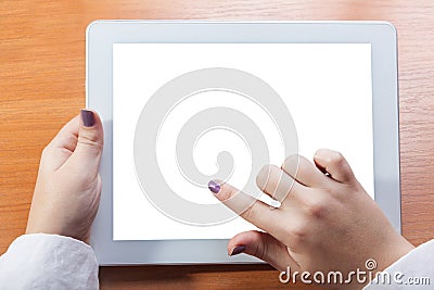 Tablet in his hands with a clean white screen