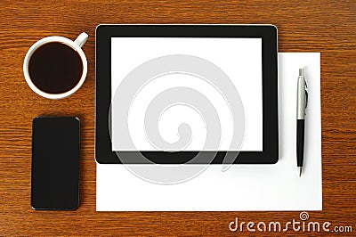 Tablet PC, smart phone, paper, pen and cup of coffee