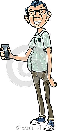 Tall Cartoon Nerd With A Mobile Phone Royalty Free Stock Images - Image