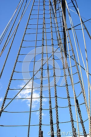 Tall Ship Rigging Ropes over Blue Sky