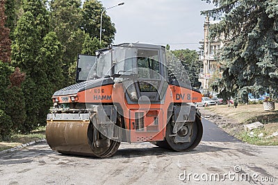 Tandem roller, road repair on Gogol Street in Pyatigorsk, Russia