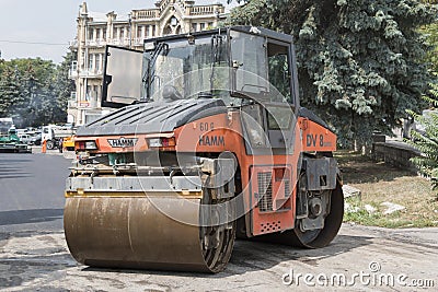 Tandem roller, road repair on Gogol Street in Pyatigorsk, Russia