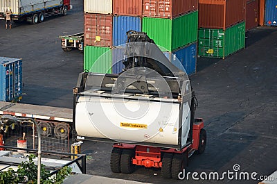 Tank container with forklift