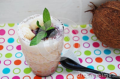 Tapioca pudding with coconut milk and lychee fruit