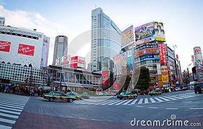 Taxis crossing the streets, Shibuya in Tokyo