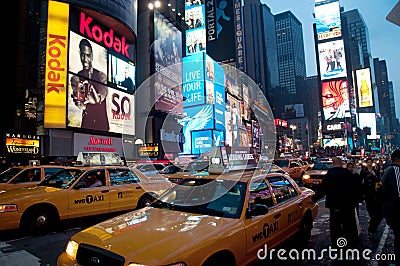 Taxis in Times Square at Night, New York City