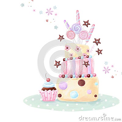 Tea time template design. Illustration made of birthday cake, sweets and cupcake.