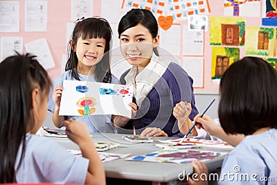 Teacher Helping Students During Art Class