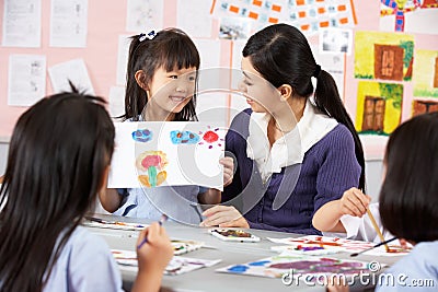Teacher Helping Students In Chinese School