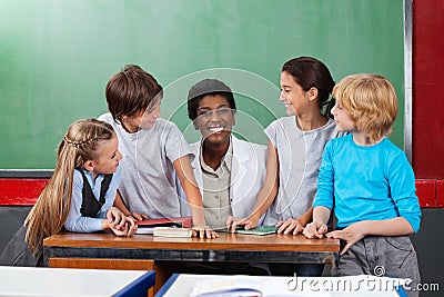 Teacher Sitting At Desk With Students At Desk