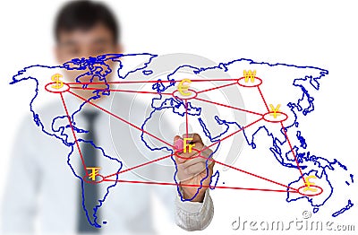 Teacher writing Currency connection on world map