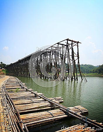 Teak wood bridge was break up and bamboo bridge, Kanchanaburi, T