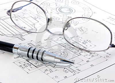 Technical drawing with glasses and pencil