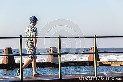 Teenager Walking Tidal Pool Ocean Waves