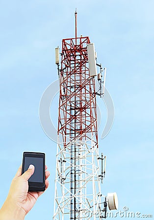 Telecommunications tower with satellite dish , Bule sky Backgrou