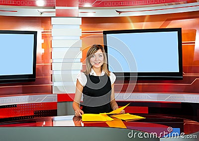 Television anchorwoman at TV studio