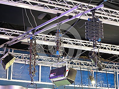 Television studio light equipment, spotlight truss, cables, mic