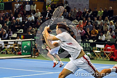 Tennis player Frederik Nielsen in action at a Davis Cup match