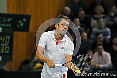 Tennis player Frederik Nielsen in action at a Davis Cup match