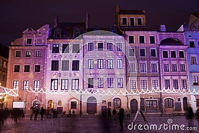 Terraced Historic Houses at Night in Warsaw