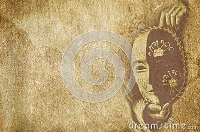 Theatrical carnival mask on the old vintage textured paper background