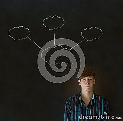 Thinking business man with chalk cloud thoughts