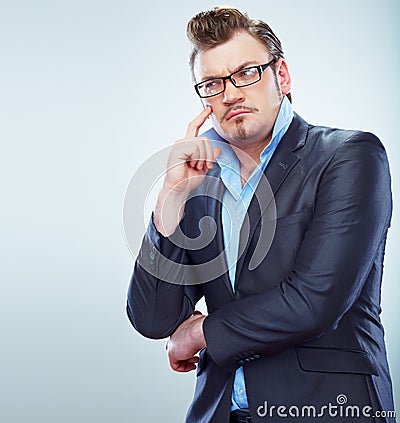 Thinking Business man funny portrait. Isolated.